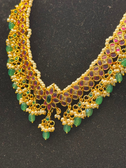 Kemp Stone Peacock Floral necklace Set - Green &Ruby With Pearl Drops B10 | SSKP59