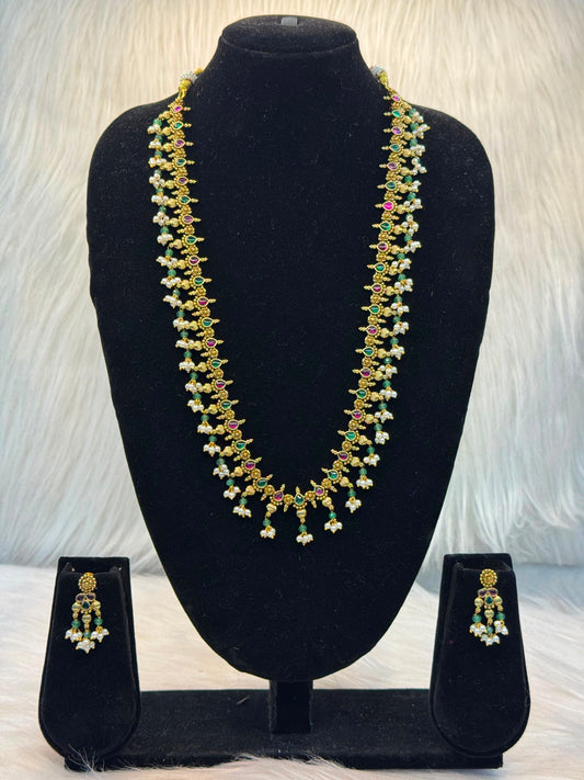 Traditional Peacock Motif Kemp Stone Long Haram Necklace Set B10 | SSTM61