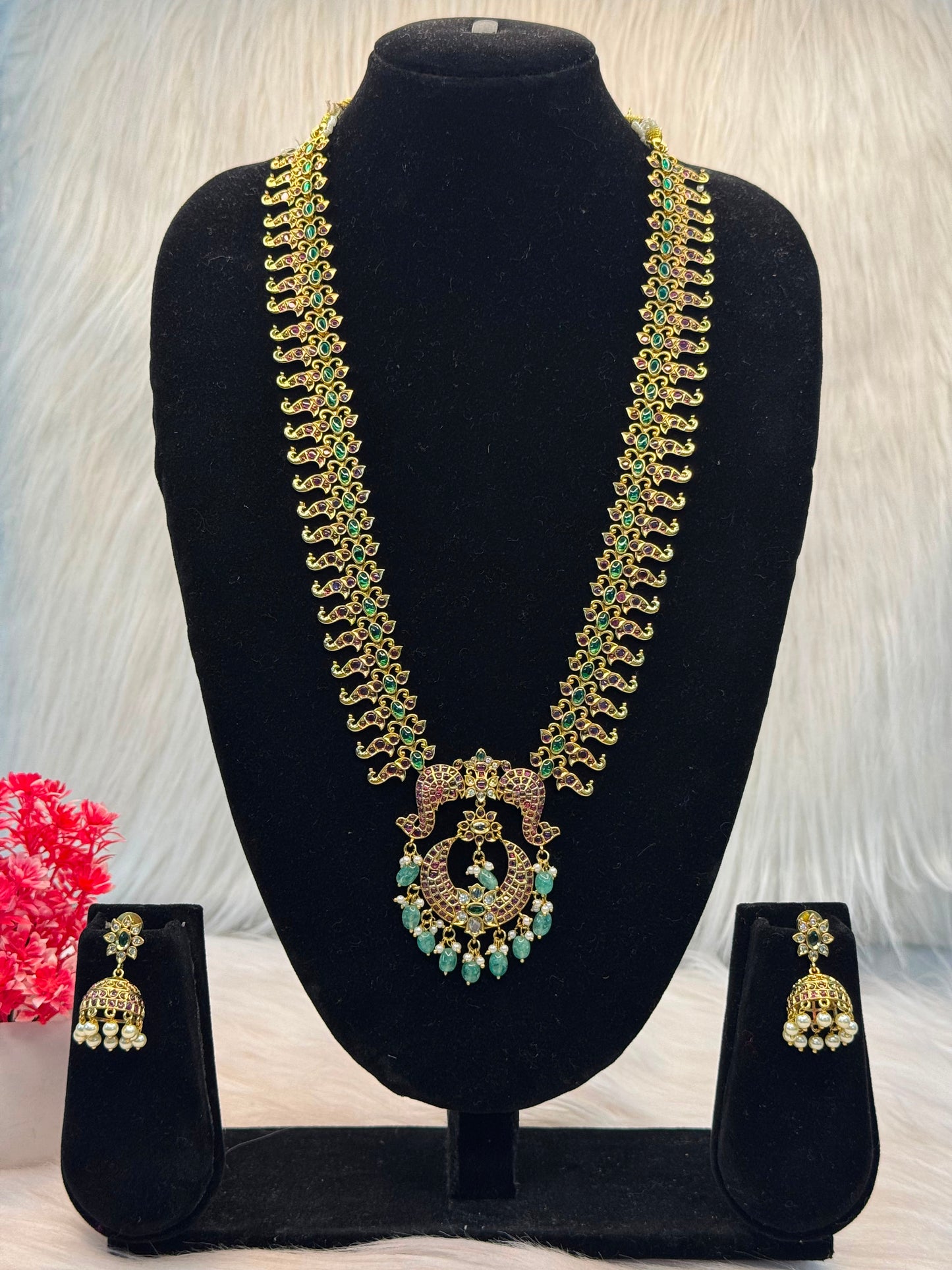 Antique Ruby & Emerald Peacock Long Necklace Set B10 | SSAP66