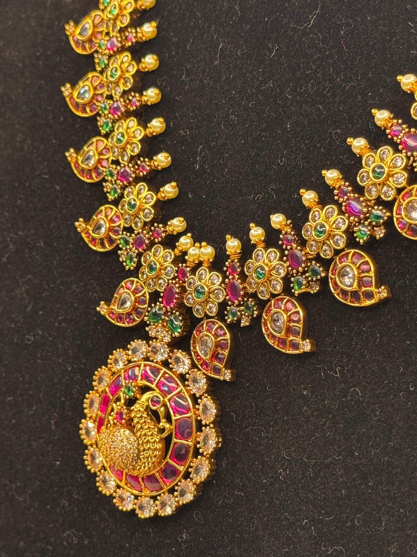Antique Peacock Design Ruby–Emerald Long Necklace With CZ & Pearl Drop Earrings B10 | SSAD67