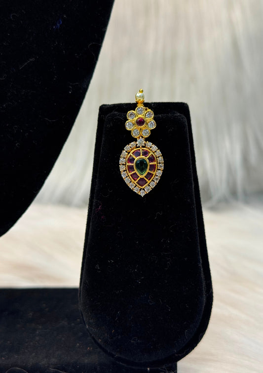 Antique Peacock Design Ruby–Emerald Long Necklace With CZ & Pearl Drop Earrings B10 | SSAD67