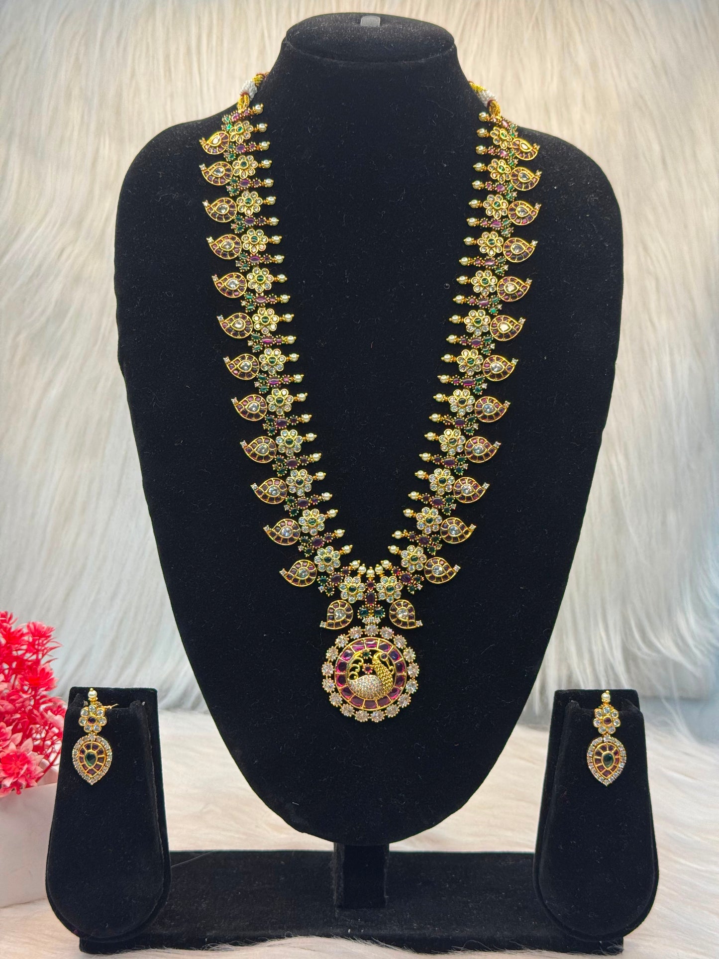Antique Peacock Design Ruby–Emerald Long Necklace With CZ & Pearl Drop Earrings B10 | SSAD67