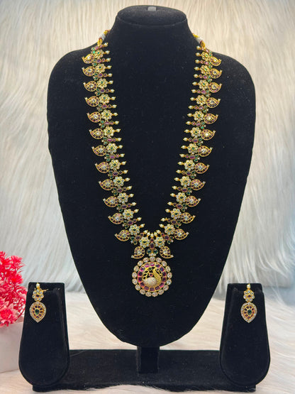Antique Peacock Design Ruby–Emerald Long Necklace With CZ & Pearl Drop Earrings B10 | SSAD67