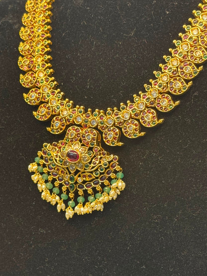 Traditional South Indian Kemp Stone Floral Pendant Necklace With Green Bead & Pearl Drops B10 | SSTS72