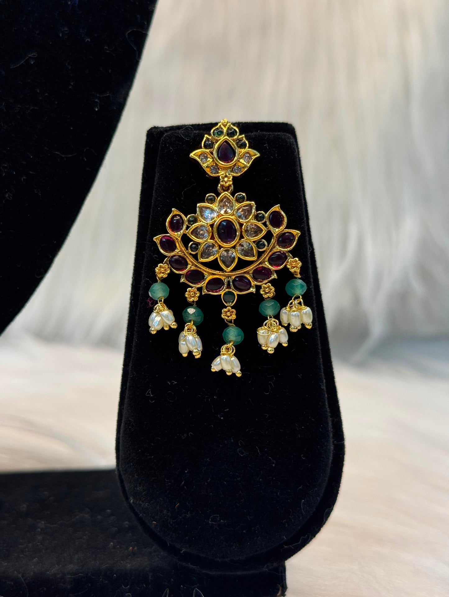Traditional South Indian Kemp Stone Floral Pendant Necklace With Green Bead & Pearl Drops B10 | SSTS72