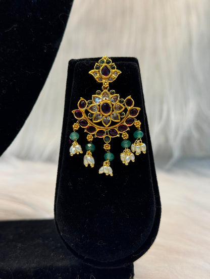 Traditional South Indian Kemp Stone Floral Pendant Necklace With Green Bead & Pearl Drops B10 | SSTS72