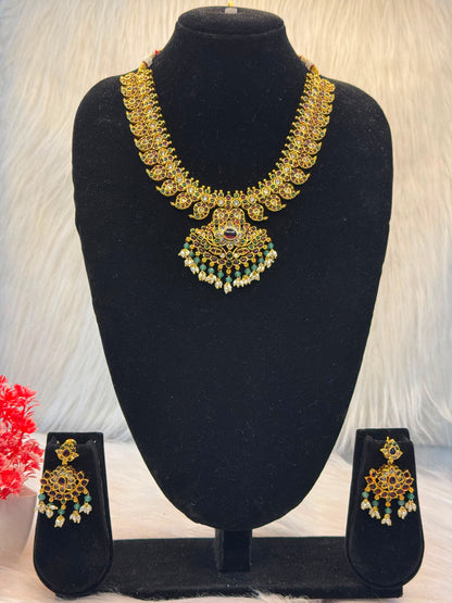 Traditional South Indian Kemp Stone Floral Pendant Necklace With Green Bead & Pearl Drops B10 | SSTS72