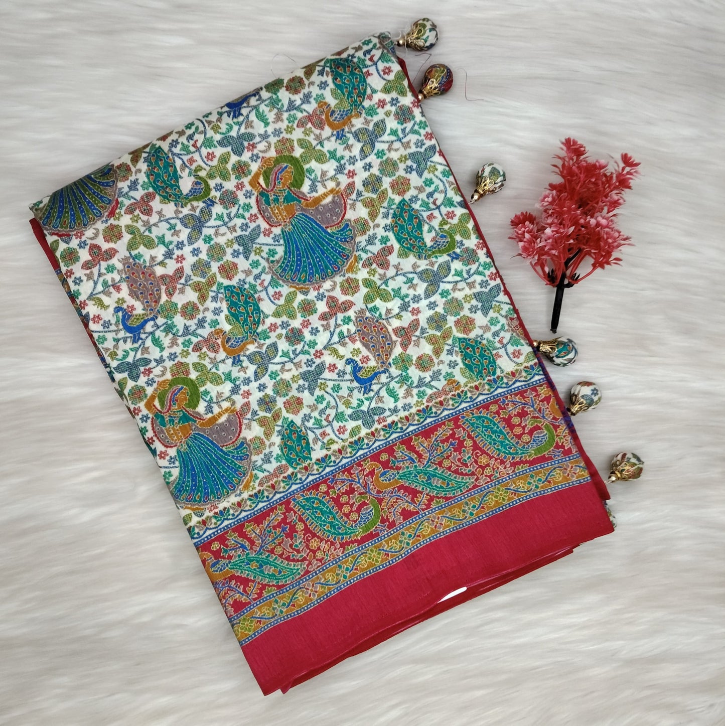 Jaipuri Ivory Silk Saree | SSJS413