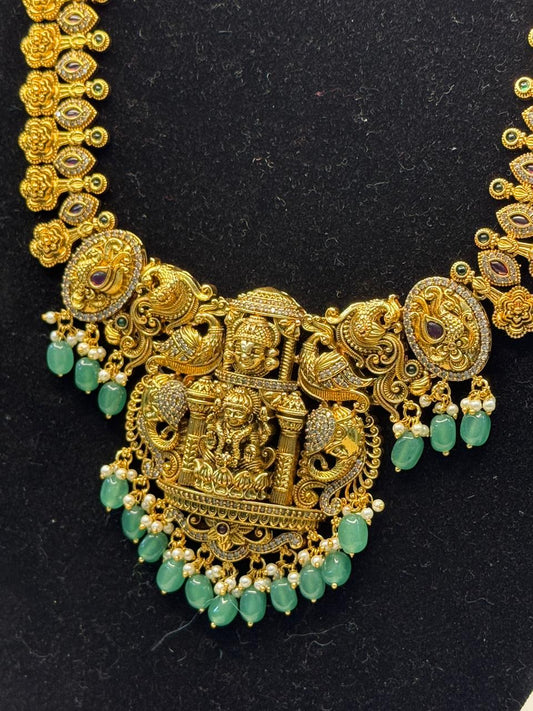 Lakshmi Temple Long Haram With Green Buds  | SSLT76