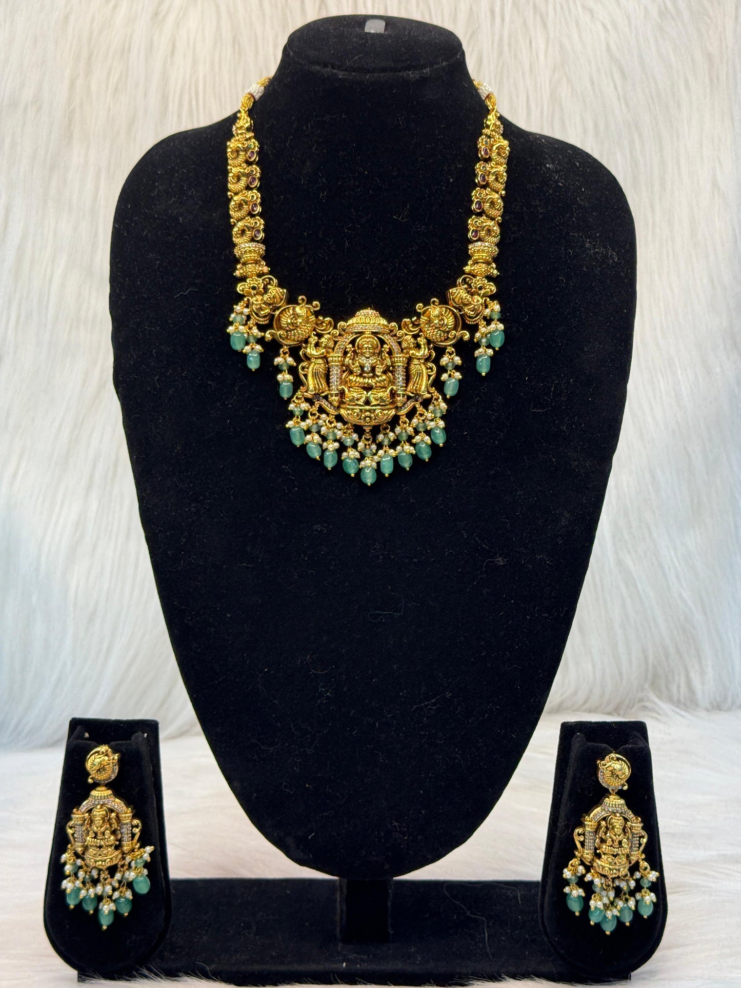 Lakshmi Temple Haram With Green Beads | SSLT79