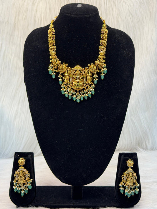 Lakshmi Temple Haram With Green Beads | SSLT79