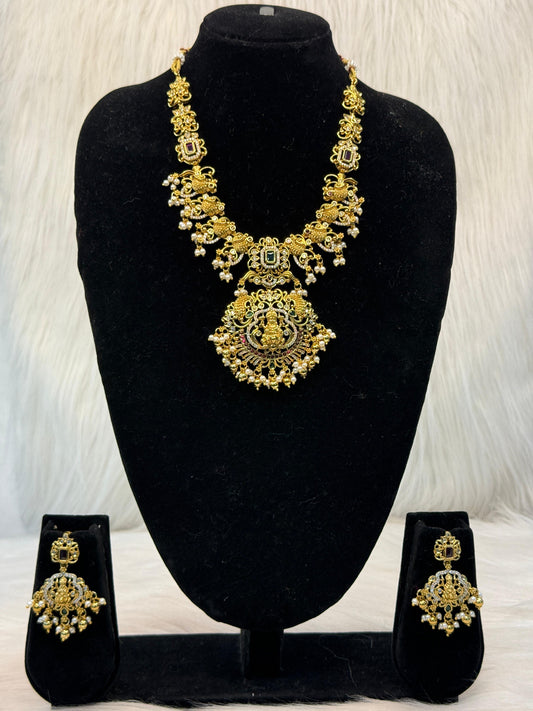 Antique Lakshmi Temple Haram With Ruby & Emerald Stones | SSAL81