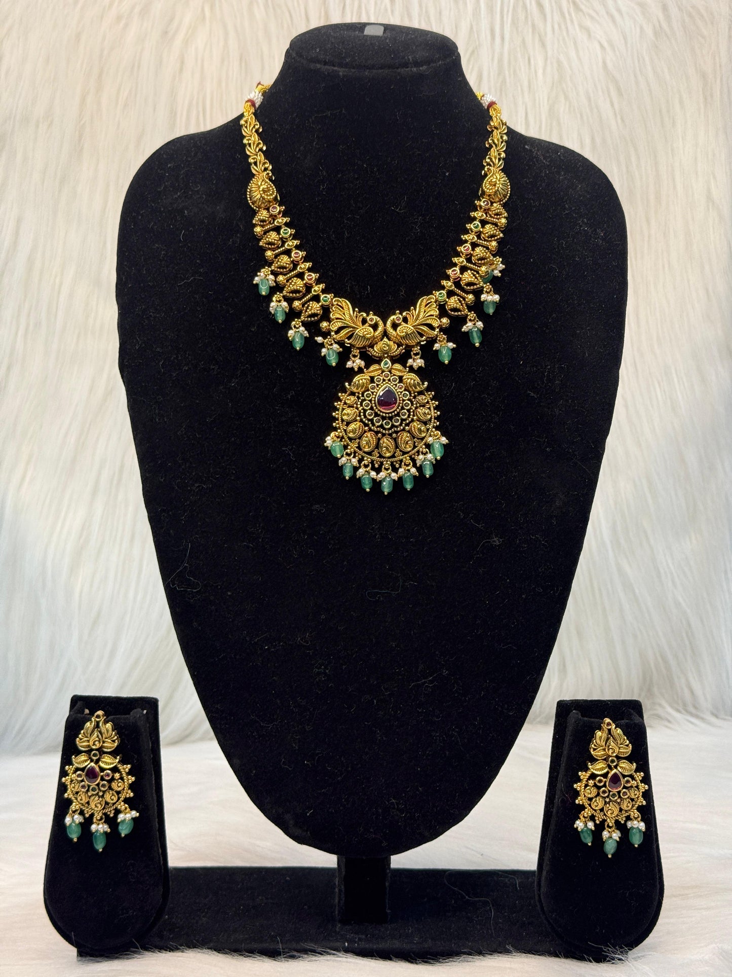 Antique Gold Ruby & Green Stone Temple Necklace Set | SSAG82