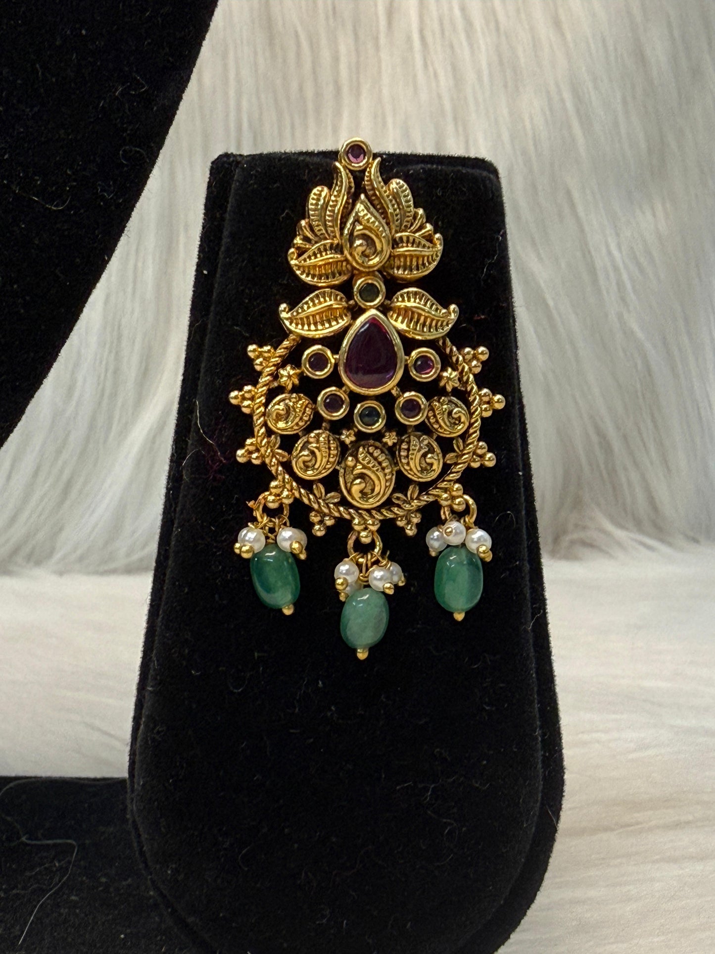Antique Gold Ruby & Green Stone Temple Necklace Set | SSAG82