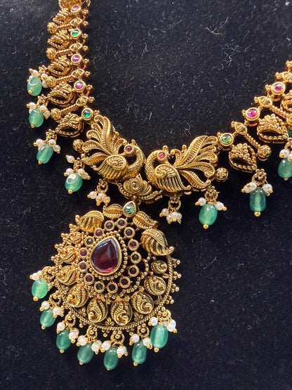 Antique Gold Ruby & Green Stone Temple Necklace Set | SSAG82