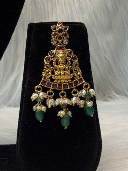 Antique Gold Lakshmi & Elephant Necklace With Green Beads & Pearls | SSAE85