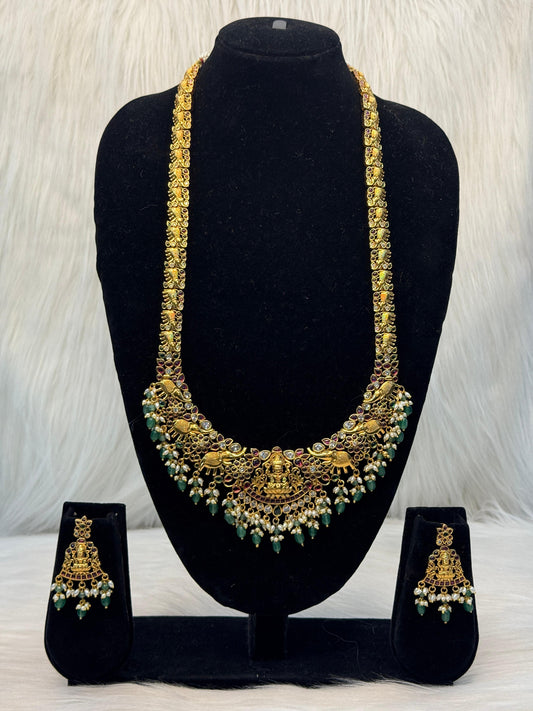 Antique Gold Lakshmi & Elephant Necklace With Green Beads & Pearls B5 | SSAE84