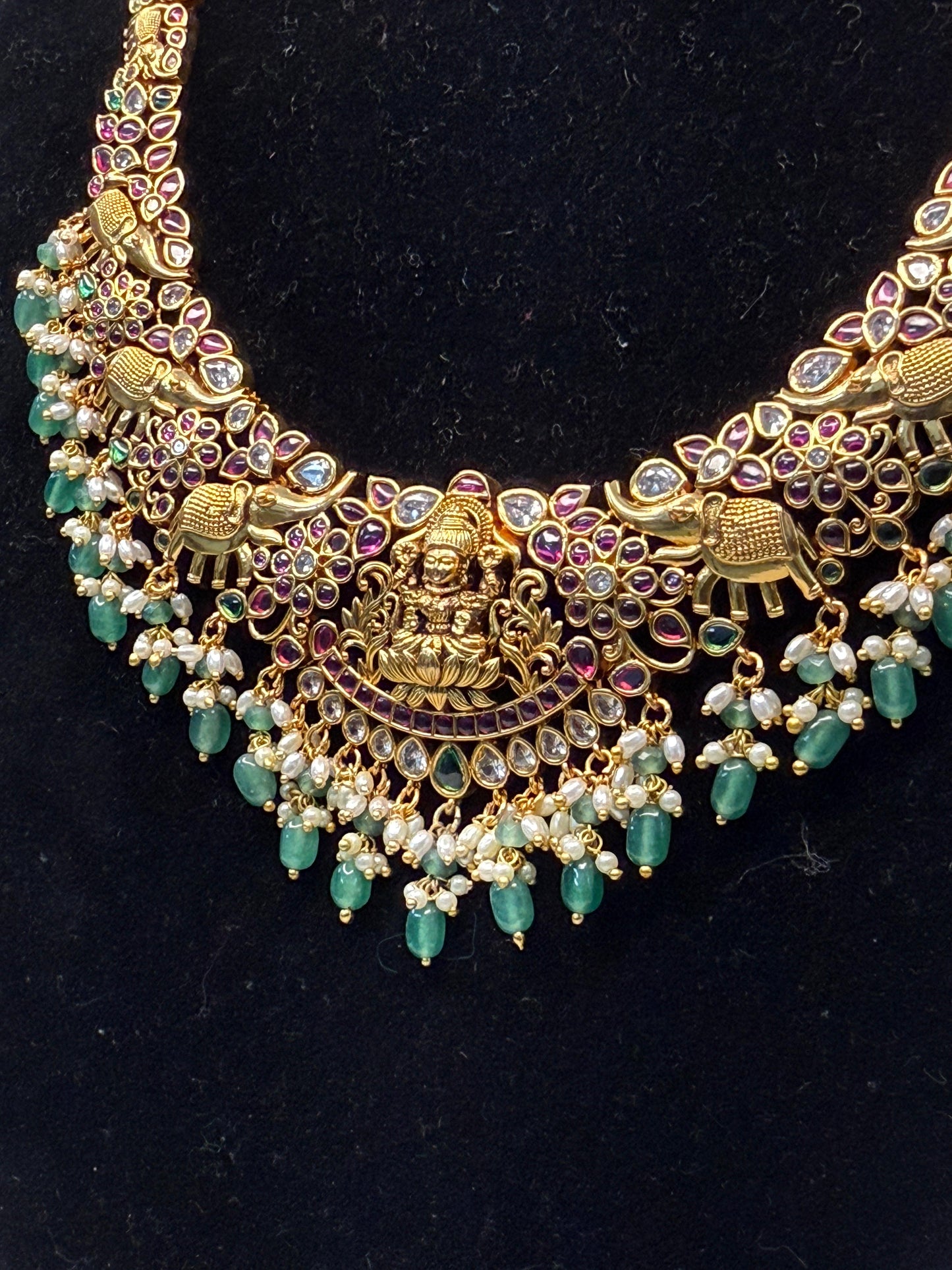 Antique Gold Lakshmi & Elephant Necklace With Green Beads & Pearls | SSAE85