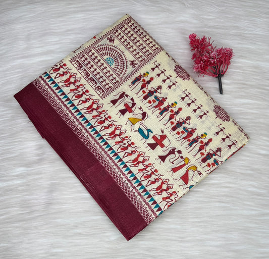 Warli Print Linen Saree | SSWP471