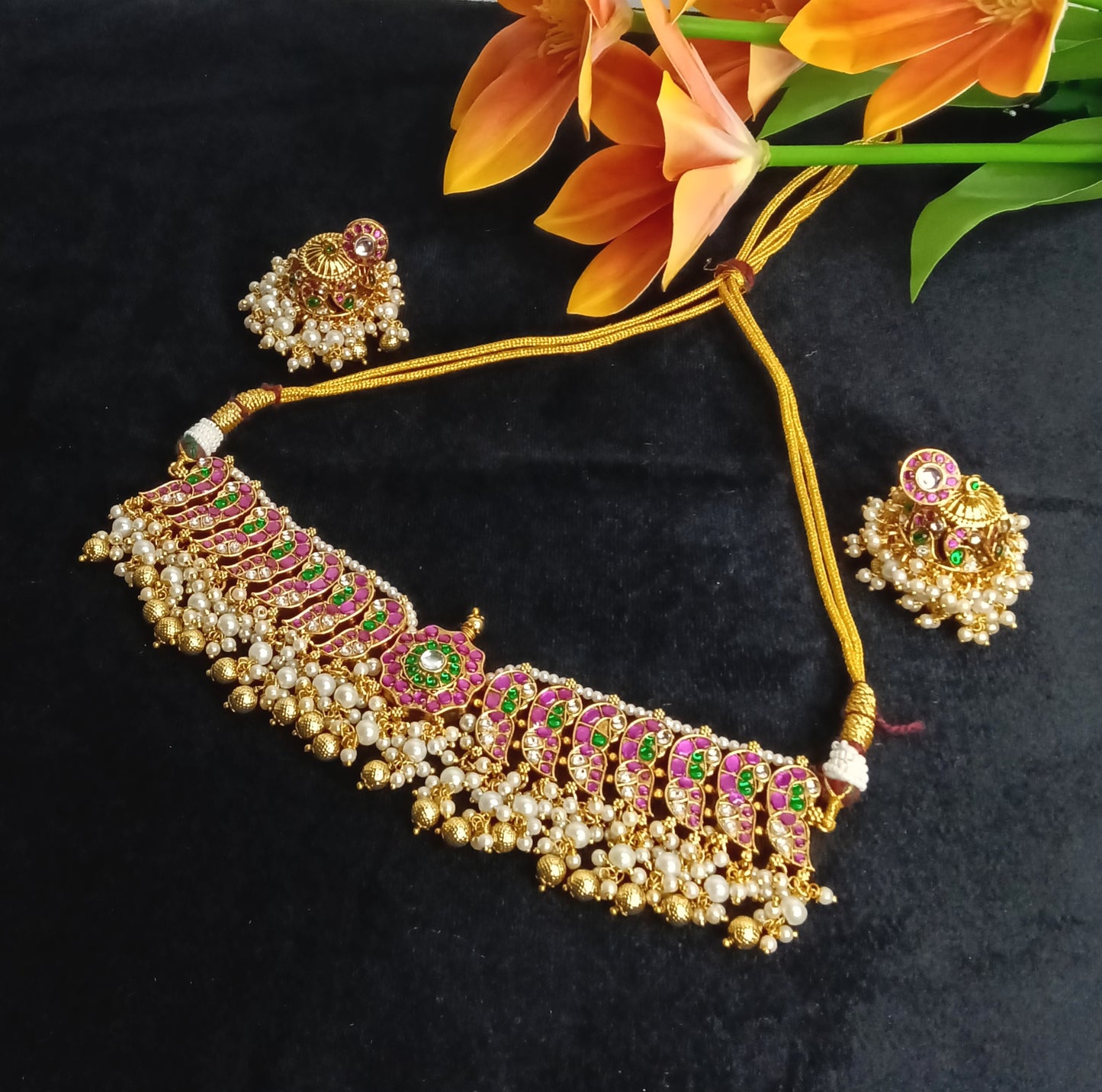 Lakshmi Mayil Pearl Necklace & Earrings Set  | SSAK006