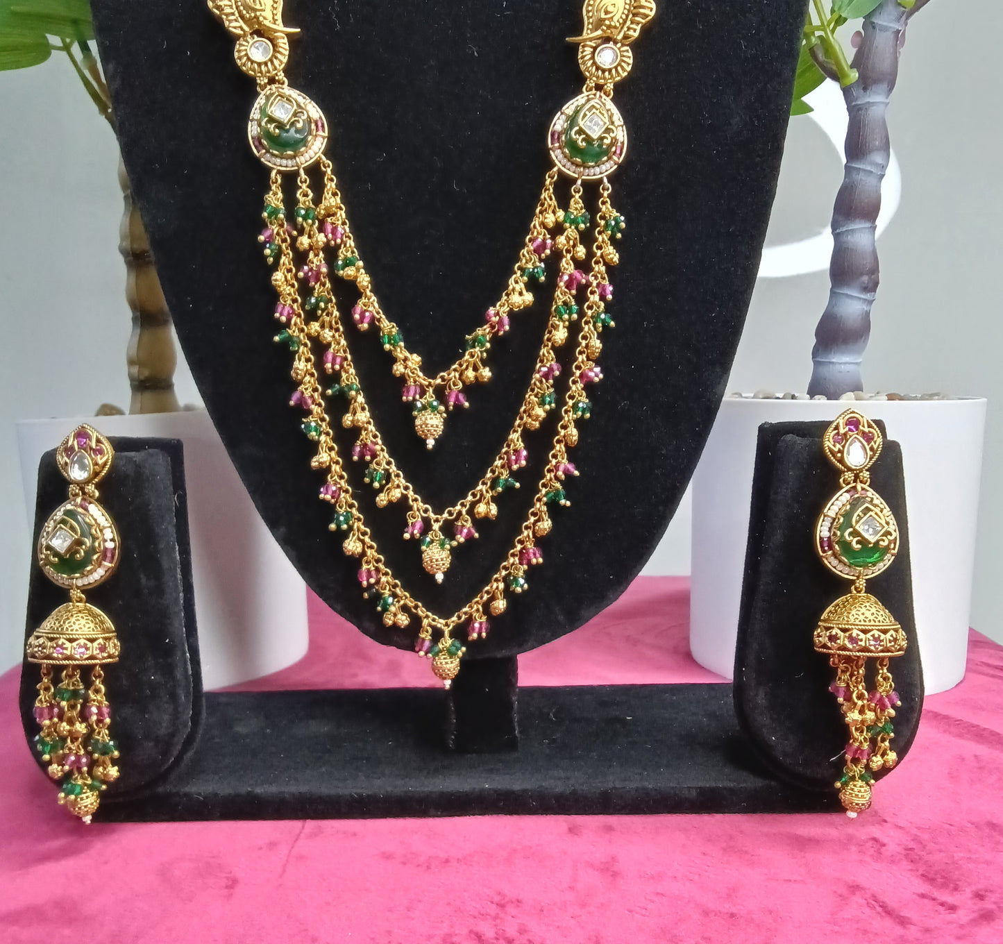Jadau Rani Haar Layered Necklace Kundhan & Kemp Set  | SSBL014