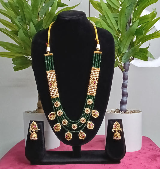 Bridal Lakshmi Emerald Beads Temple Kundhan & Kemp Set  | SSBL010