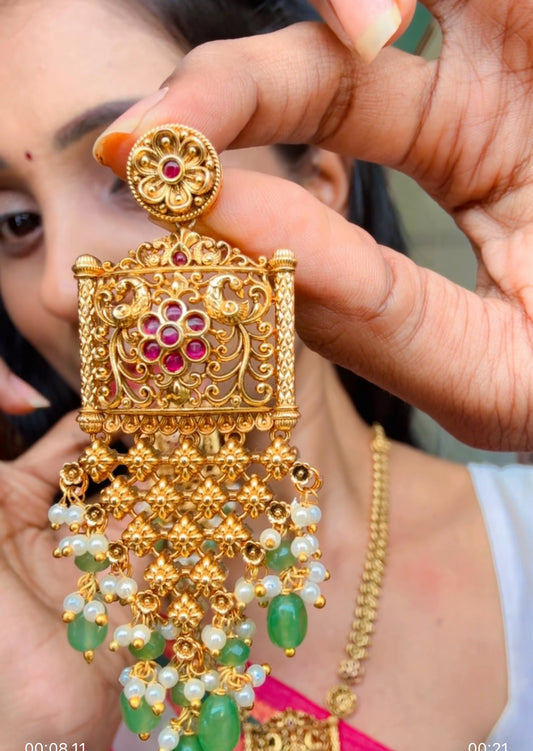 Lakshmi Pendant Ruby & Emerald-colored Stones Kundhan & Kemp Set | SSTK028