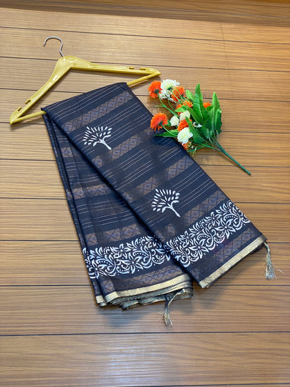 Tree Print Linen Cotton Saree with Silver Border Saree | SSTL368