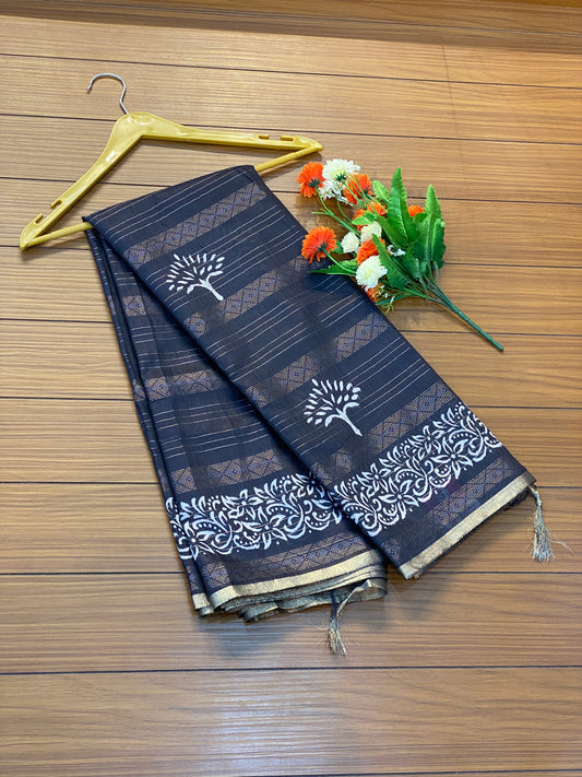 Tree Print Linen Cotton Saree with Silver Border Saree | SSTL368