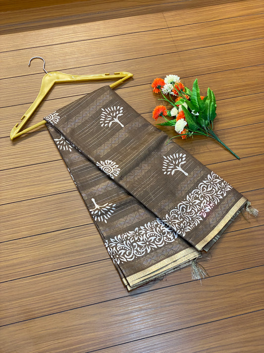 Tree Print Linen Cotton Saree with Silver Border Saree | SSTL368