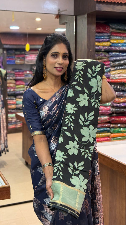 Premium Semi Chanderi Black Saree | SSKC339