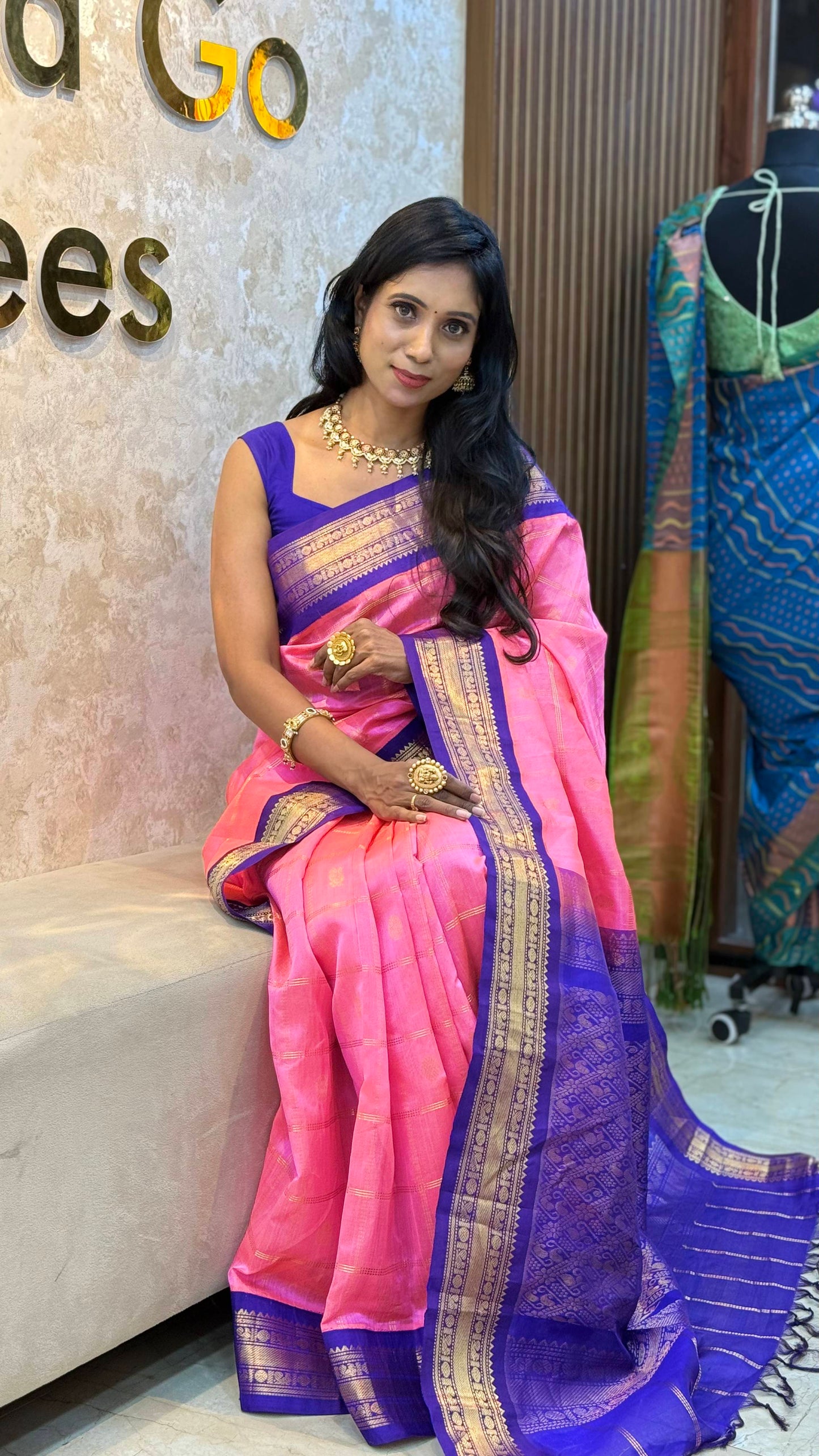 Pink and Blue Kanchipuram Silk Saree | SSKS357