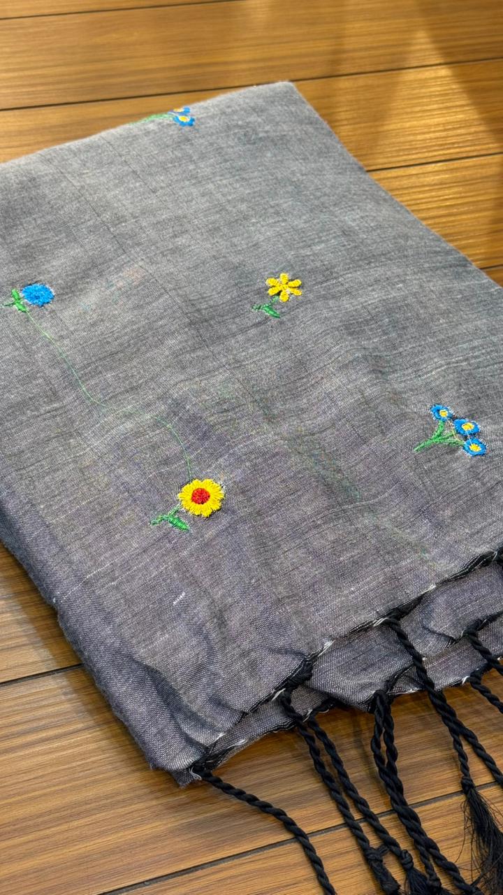 Pure Mull Hand Embroidery Work Cotton Saree | SSKC369