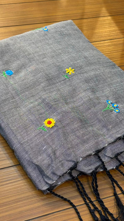 Pure Mull Hand Embroidery Work Cotton Saree | SSKC369