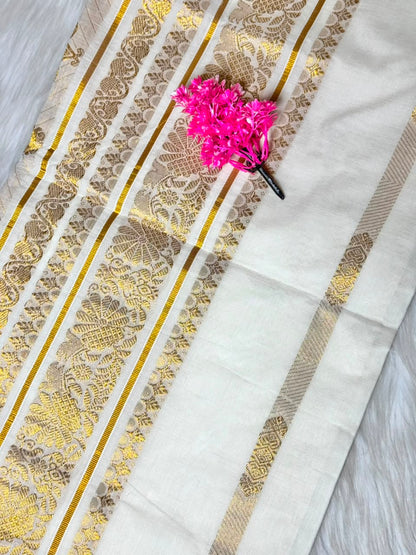 Kerala Saree Off White With Golden Zari Border Saree | SSOS401