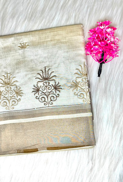 Kerala Saree Floral Embroidery Saree | SSOS401