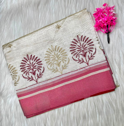 Kerala Saree Pink and White Saree | SSOS401