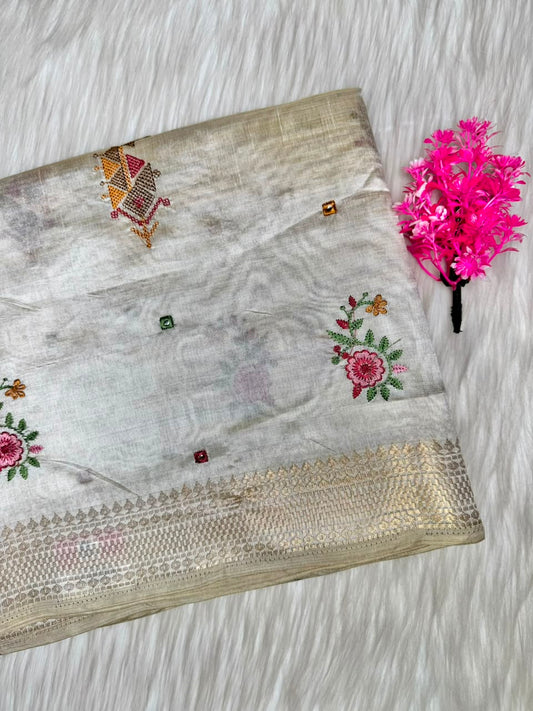Kerala Saree Blend Hand Embroidered Saree | SSOS401