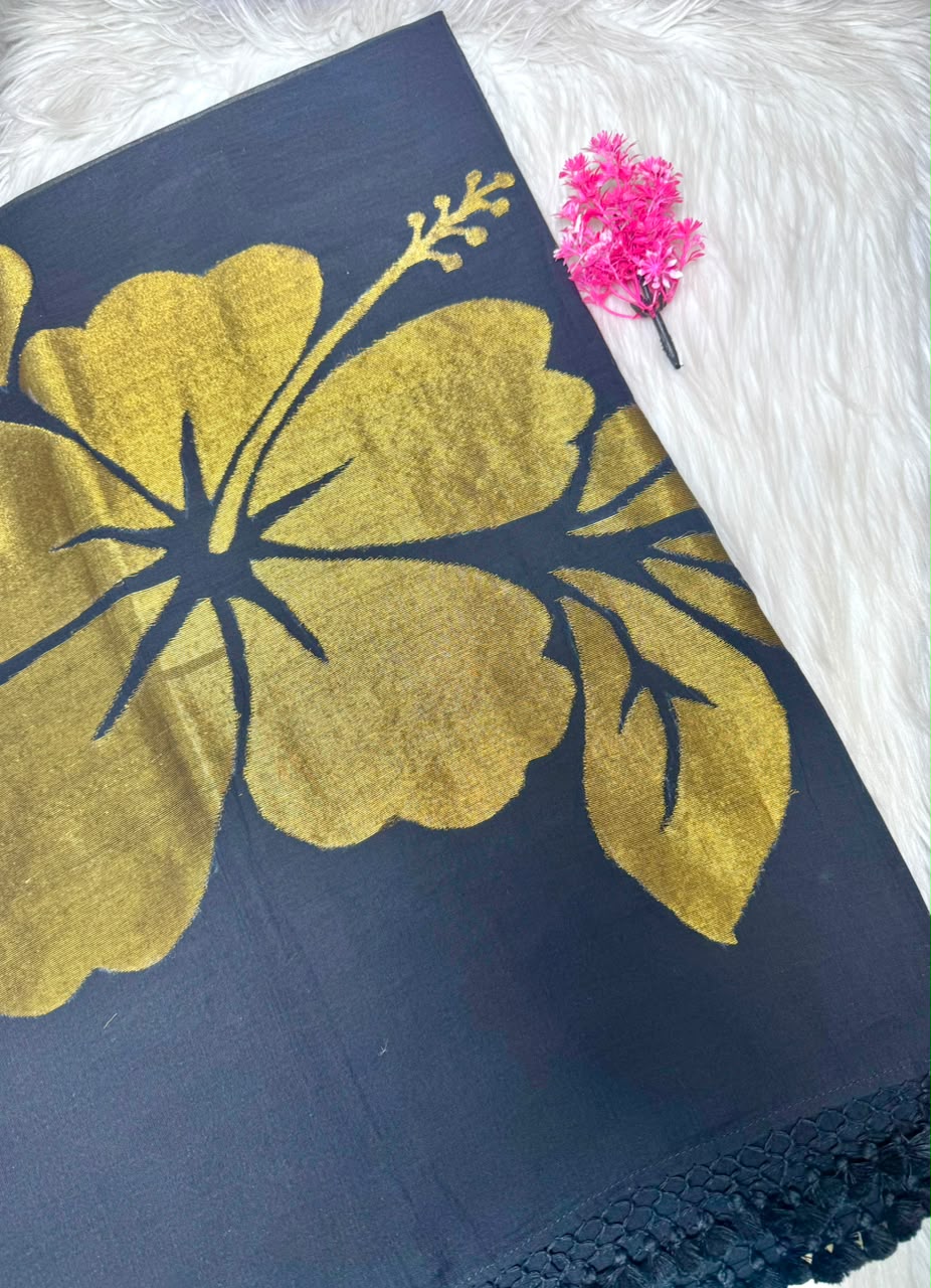 Elegant Black Hibiscus Flower Saree | SSBH402