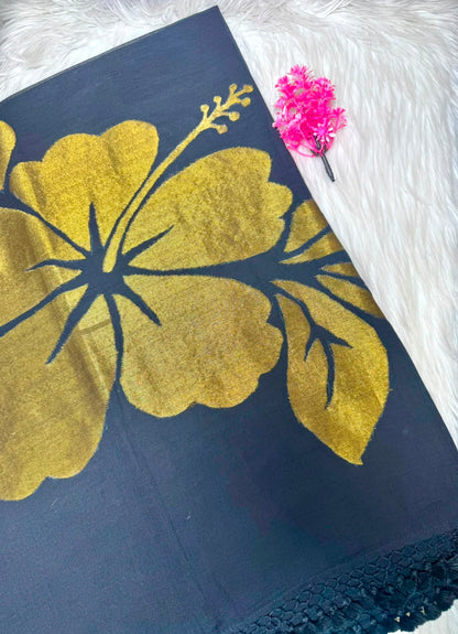 Elegant Black Hibiscus Flower Saree | SSBH402